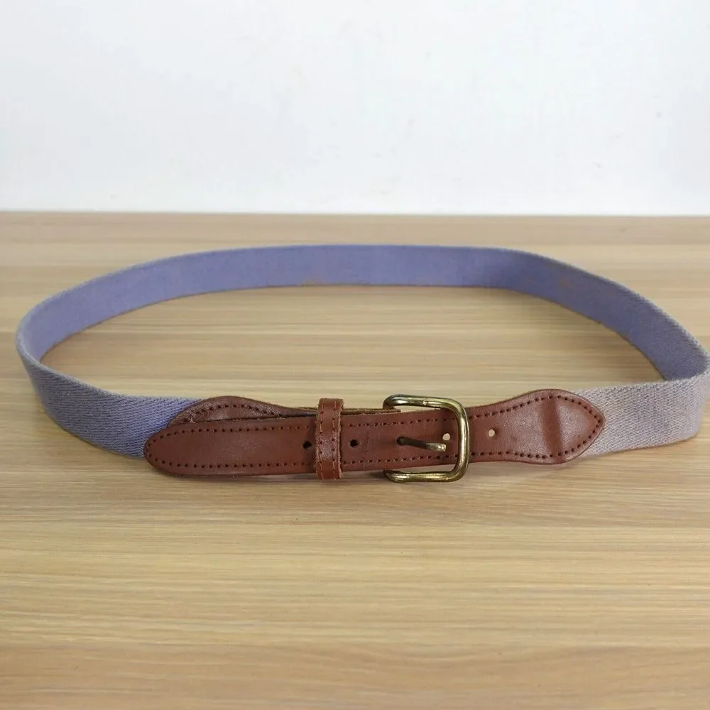 VINTAGE Retro Belt Womens Size Small Blue Canvas Solid Brass Genuine Leather Y2K